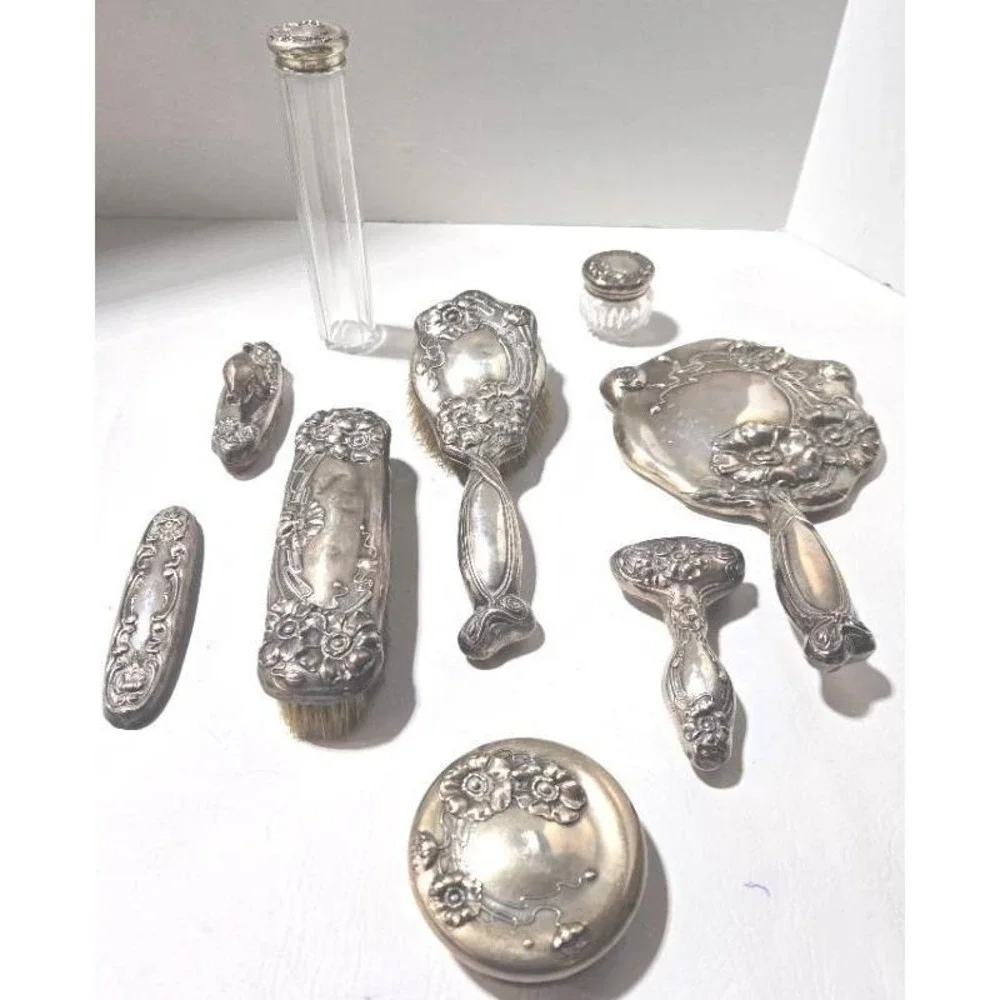 Victorian Repose  Sterling Silver‎  Large Vanity Set Brushes Jars Mirrors & More